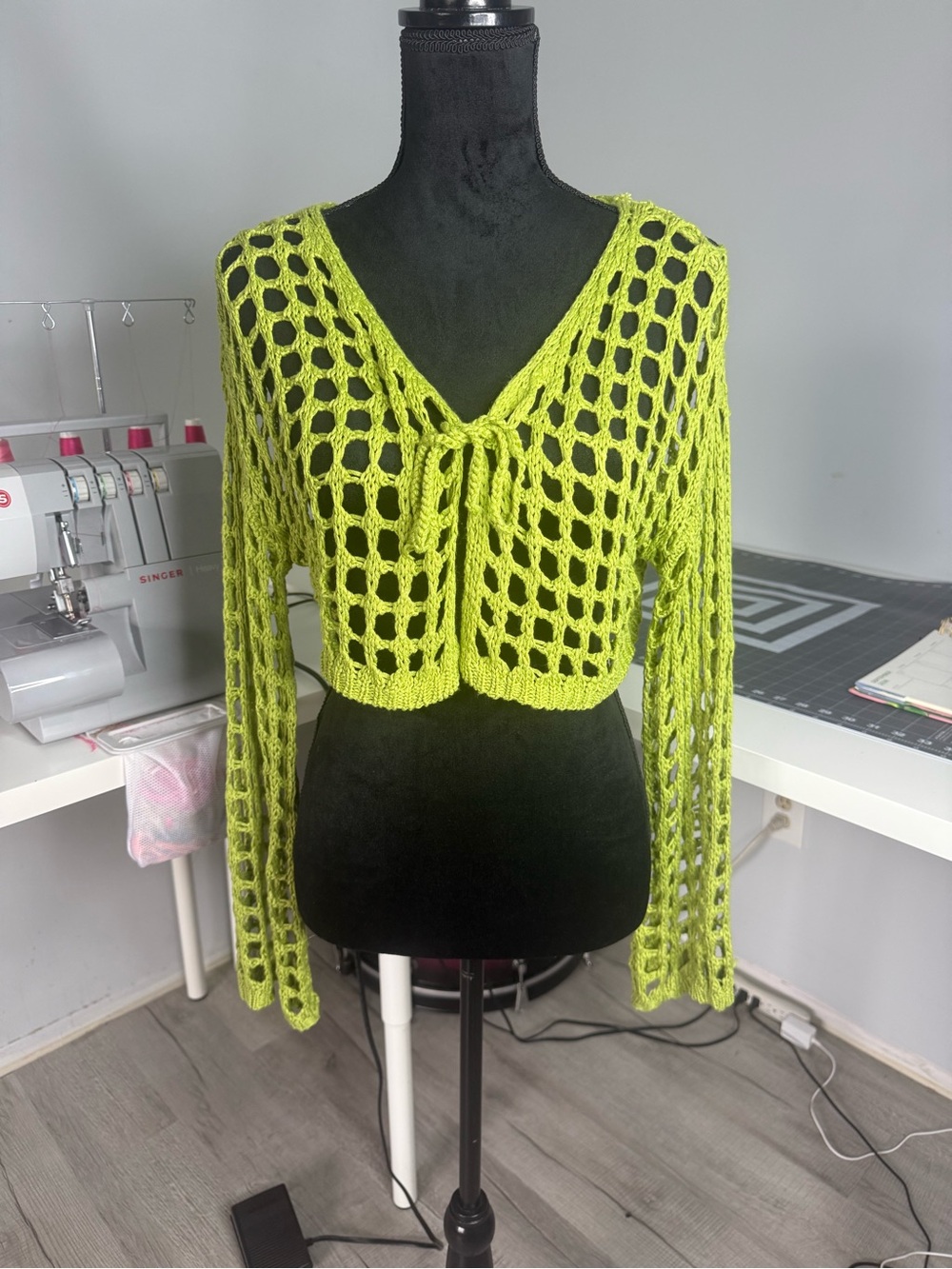 SHEIN Lime Green Open-Knit Tie-Front Cropped Sweater